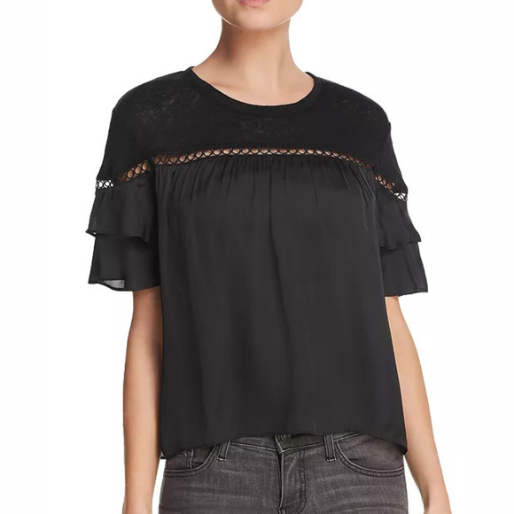Generation Love Becky Mixed Media Ruffle-Sleeve Tee Black L - Picture 1 of 8